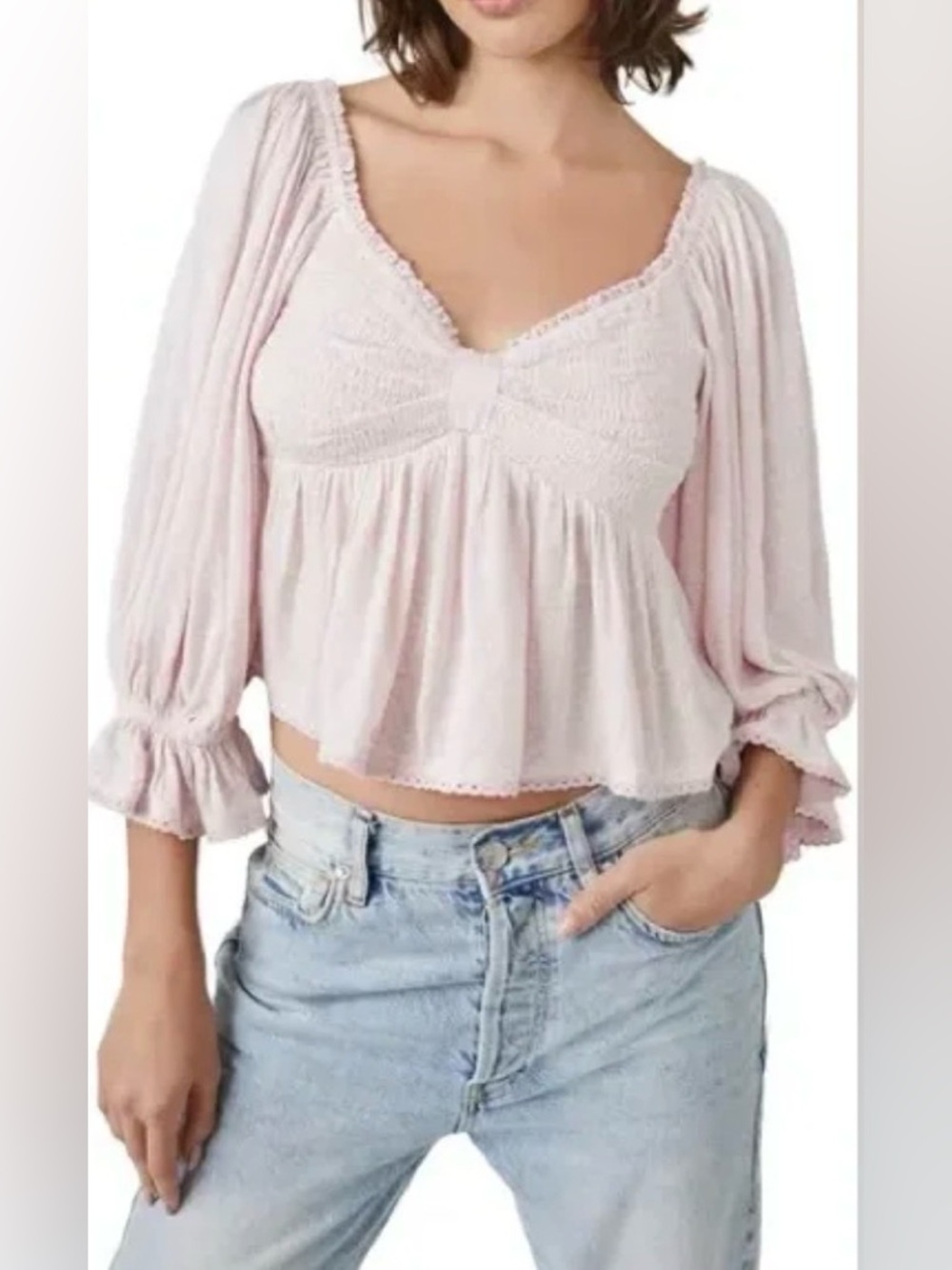 Free People Brittnee Print Smocked Peplum Top Pink Coquete Cottagecore Size M